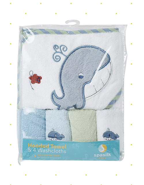 Load image into Gallery viewer, Baby Cotton Terry Hooded Towel &amp; Washcloth Bath Shower Set for Newborns and Infants, 5 Piece Set, Blue Whale
