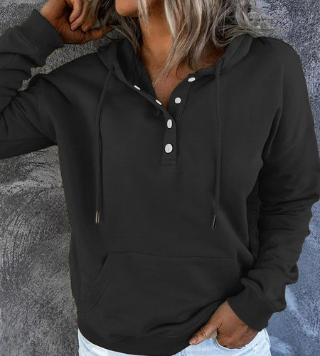 Half Boutton Womens Hoodies Drawstring Hooded Sweatshirts for Woman with Pocket