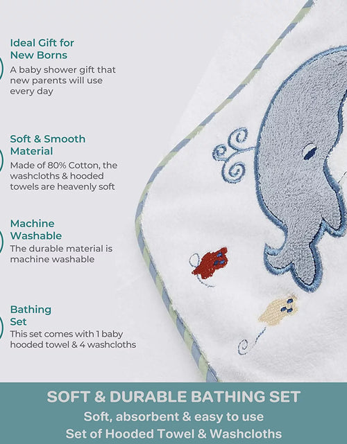 Load image into Gallery viewer, Baby Cotton Terry Hooded Towel &amp; Washcloth Bath Shower Set for Newborns and Infants, 5 Piece Set, Blue Whale
