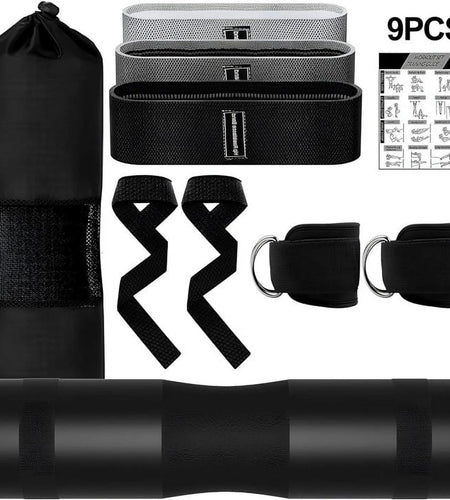 9 Pcs Barbell Pad Set, Barbell Squat Pad for Hip Thrusts, Lunges, Leg Day with 2 Gym Ankle Straps, 3 Hip Resistance Bands, 2 Lifting Strap, Barbell Pad and Carry Bag, Black