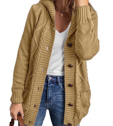 Hooded Cardigan Sweaters for Women Long Sleeve Button down Knit Sweater Coat Outwear with Pockets