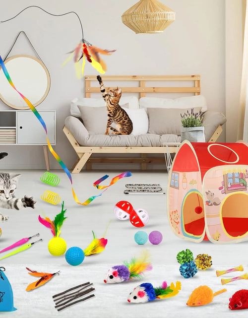 Load image into Gallery viewer, 34Pcs Cat Toys Kitten Toys, Interactive Kitty Toys with Collapsible Cat Tunnels Tent, Cat Wand Catnip Feather Teaser
