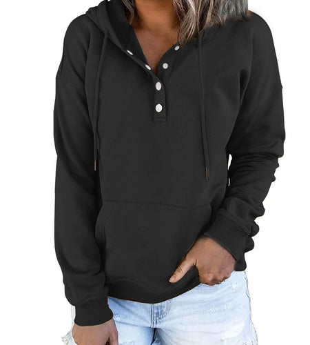 Half Boutton Womens Hoodies Drawstring Hooded Sweatshirts for Woman with Pocket