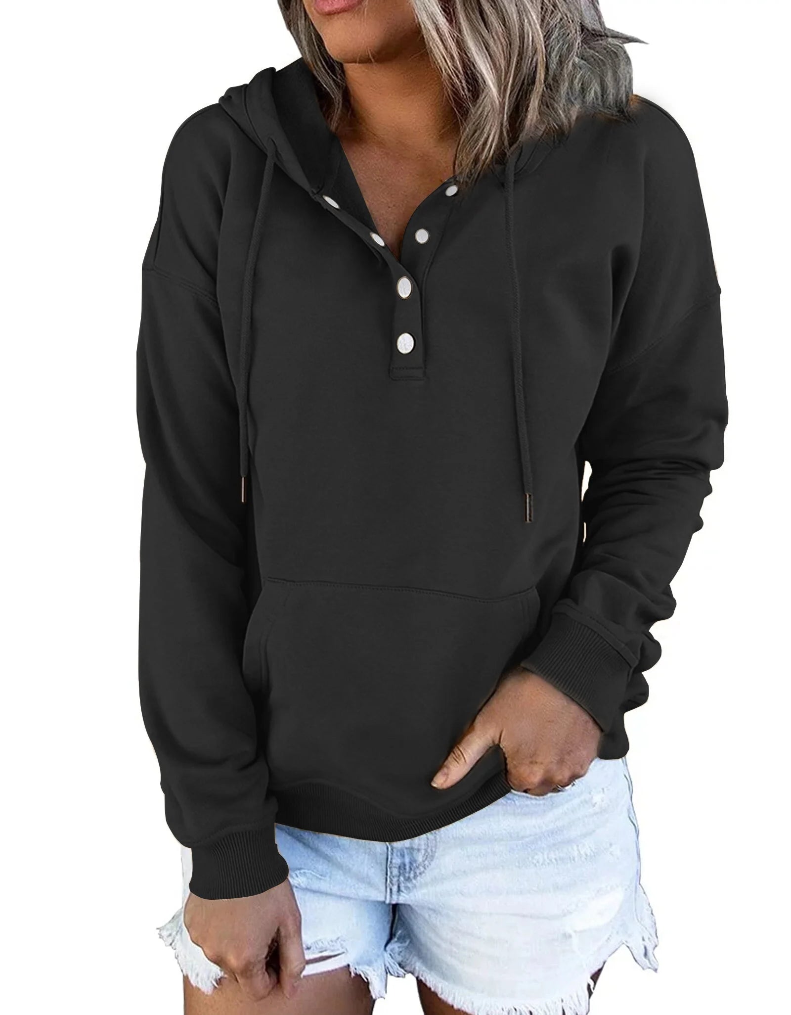 Half Boutton Womens Hoodies Drawstring Hooded Sweatshirts for Woman with Pocket