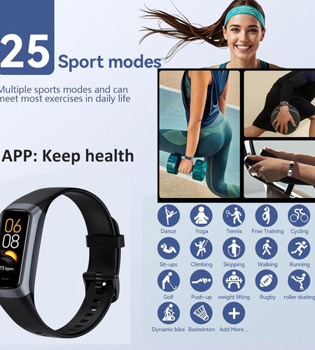Keep Health Fitness Trackers for Women Men Amoled Step Counter Slim Thin 25 Sports Modes with Heart Rate Blood Pressure Monitor Alarm Stopwatch Timer Calories Burned IP68 Step Tracker Watch