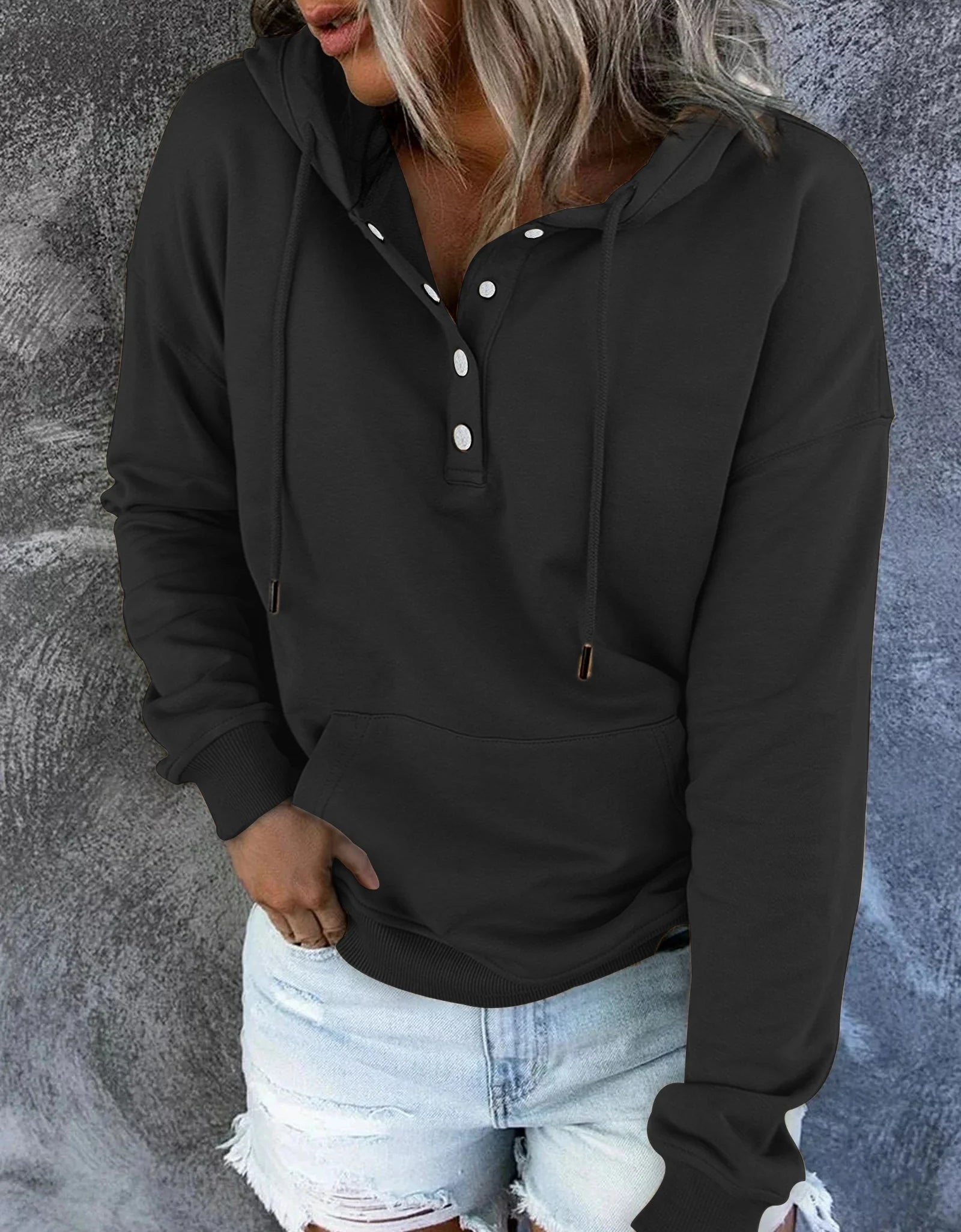 Half Boutton Womens Hoodies Drawstring Hooded Sweatshirts for Woman with Pocket