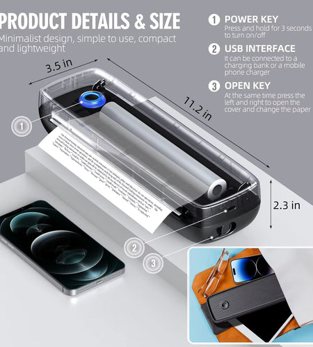 Portable Wireless Bluetooth Thermal Inkless Printer - Support US Letter &Legal, Thermal Paper, Compatible with Ios, Android&Lapt