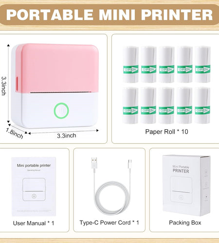 SLOK Thermal Mini Printer, Portable Inkless Bluetooth Sticker Maker with 10 Rolls Paper, Pink