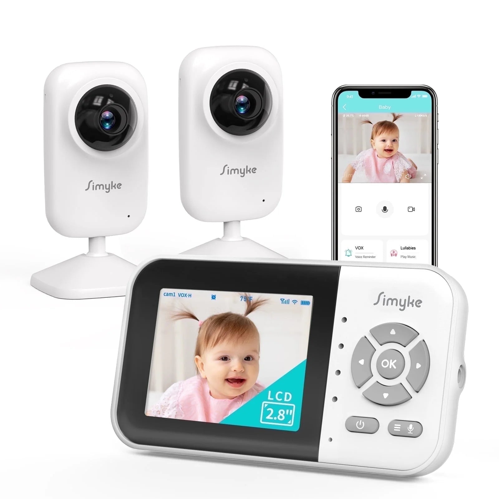 Dual Camera Video Baby Monitor, 2.8" LCD, Wireless, Night Vision, 2-Way Audio, App Access, 1200Ft Range, Feeding Timer, Temperature Sensor, Portable for Home Use
