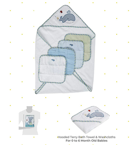 Baby Cotton Terry Hooded Towel & Washcloth Bath Shower Set for Newborns and Infants, 5 Piece Set, Blue Whale