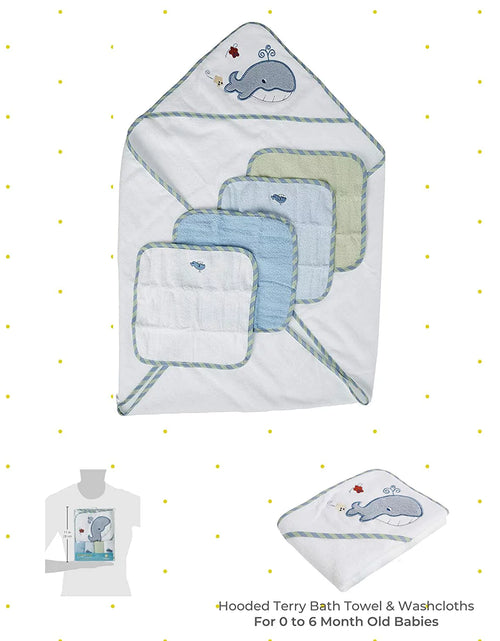 Load image into Gallery viewer, Baby Cotton Terry Hooded Towel &amp; Washcloth Bath Shower Set for Newborns and Infants, 5 Piece Set, Blue Whale
