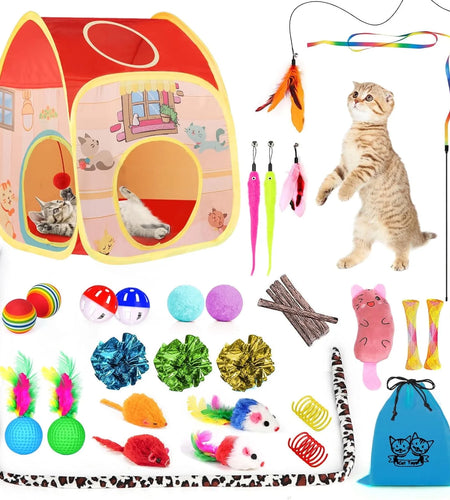 34Pcs Cat Toys Kitten Toys, Interactive Kitty Toys with Collapsible Cat Tunnels Tent, Cat Wand Catnip Feather Teaser