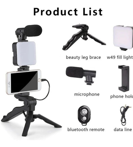 Smartphone Vlogging Kit with Tripod Phone Holder Mini Microphone LED Fill Light Starter for Tiktok Live Stream Video Youtube