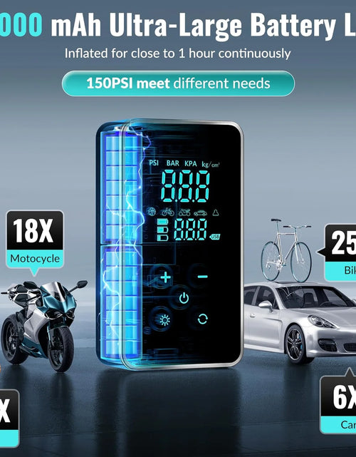 Load image into Gallery viewer, Tire Inflator Portable Air Compressor-18000Mah-Portable Air Pump-150 PSI Tire Pump with Touch Screen/Gauge/Light for Car, Motorcycle, Bike, Ball
