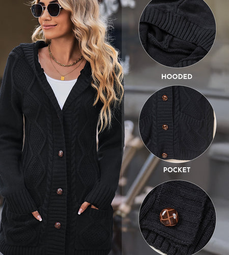 Hooded Cardigan Sweaters for Women Long Sleeve Button down Knit Sweater Coat Outwear with Pockets