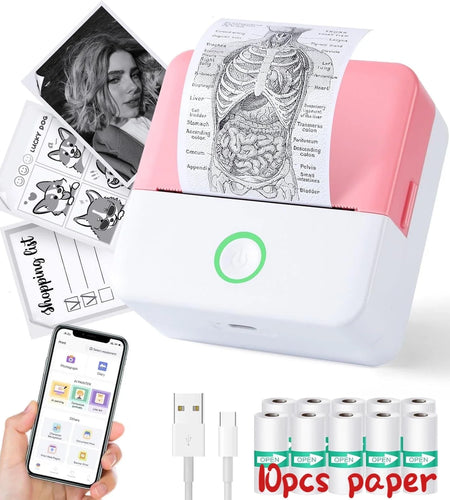 SLOK Thermal Mini Printer, Portable Inkless Bluetooth Sticker Maker with 10 Rolls Paper, Pink