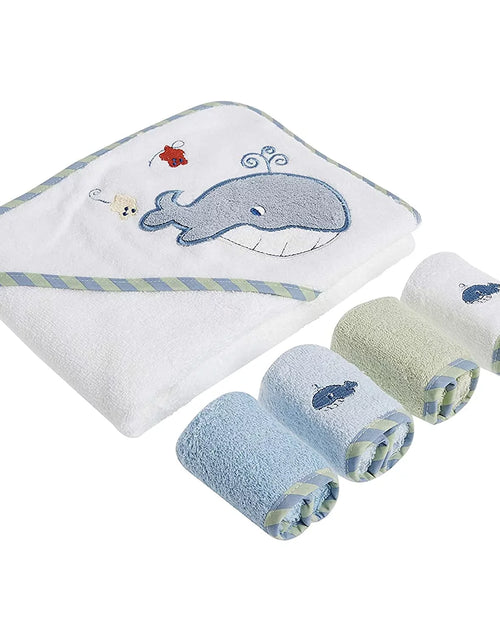Load image into Gallery viewer, Baby Cotton Terry Hooded Towel &amp; Washcloth Bath Shower Set for Newborns and Infants, 5 Piece Set, Blue Whale

