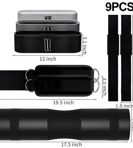9 Pcs Barbell Pad Set, Barbell Squat Pad for Hip Thrusts, Lunges, Leg Day with 2 Gym Ankle Straps, 3 Hip Resistance Bands, 2 Lifting Strap, Barbell Pad and Carry Bag, Black